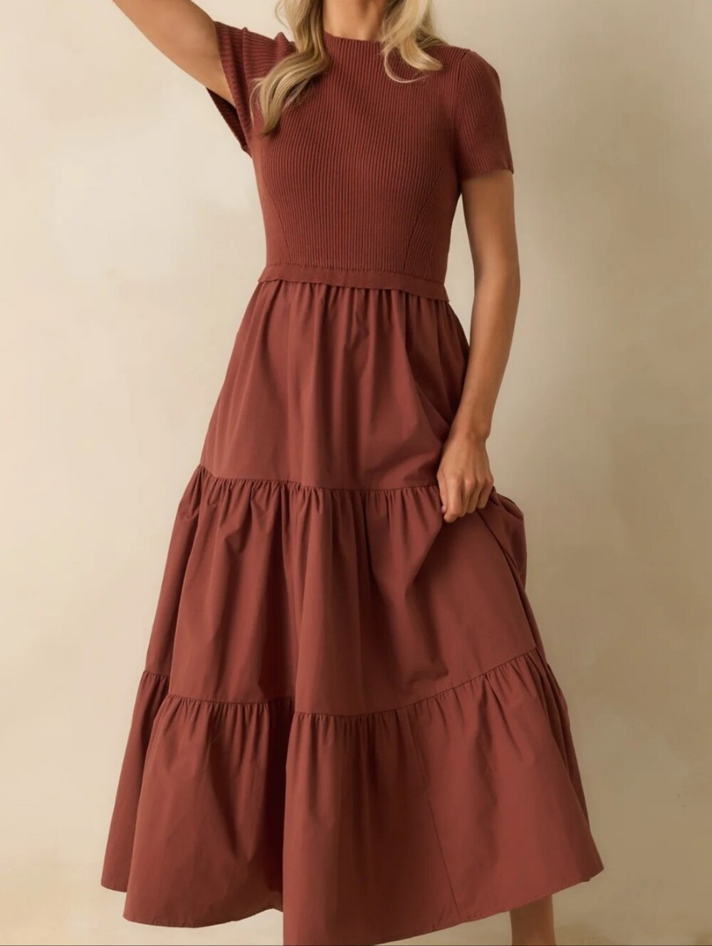 SUNDAY EDITION Rust Ribbed Knit Bodice Tiered Maxi Dress Short Sleeve Size Large
